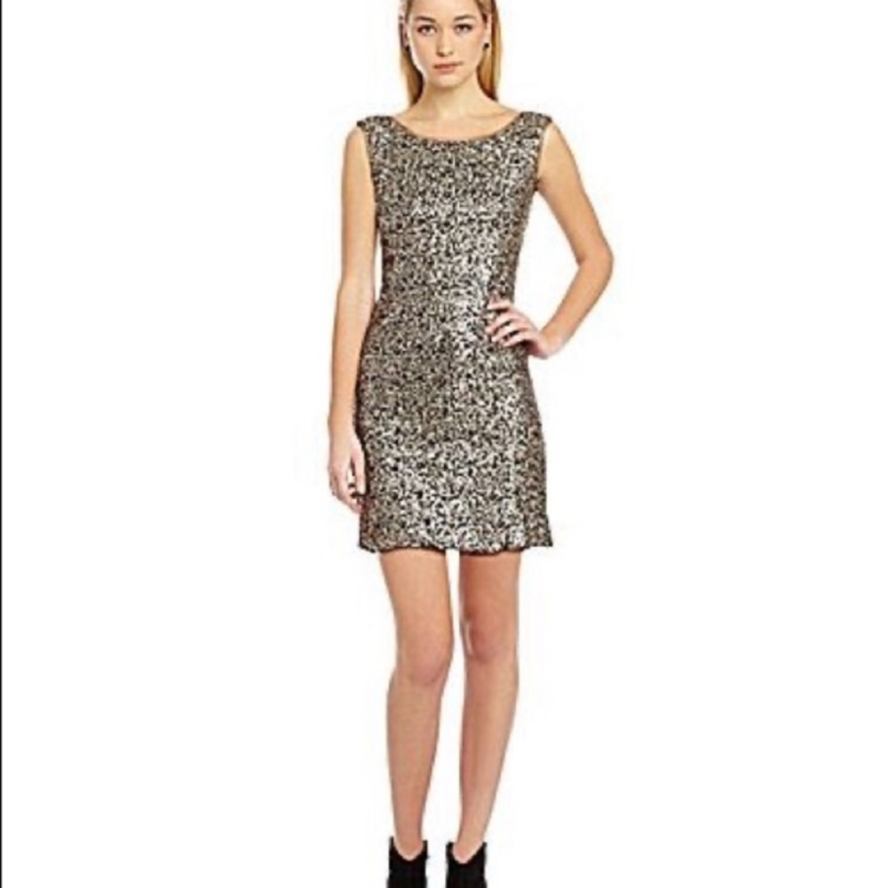 THML‎ Black mesh overlay with gold sequins party dress. Size M NWT